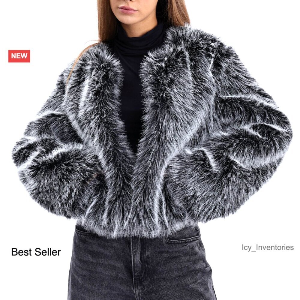 Faux Fur Cropped Coat Long Sleeve Open Front Winter Chic Elegant Party Wear